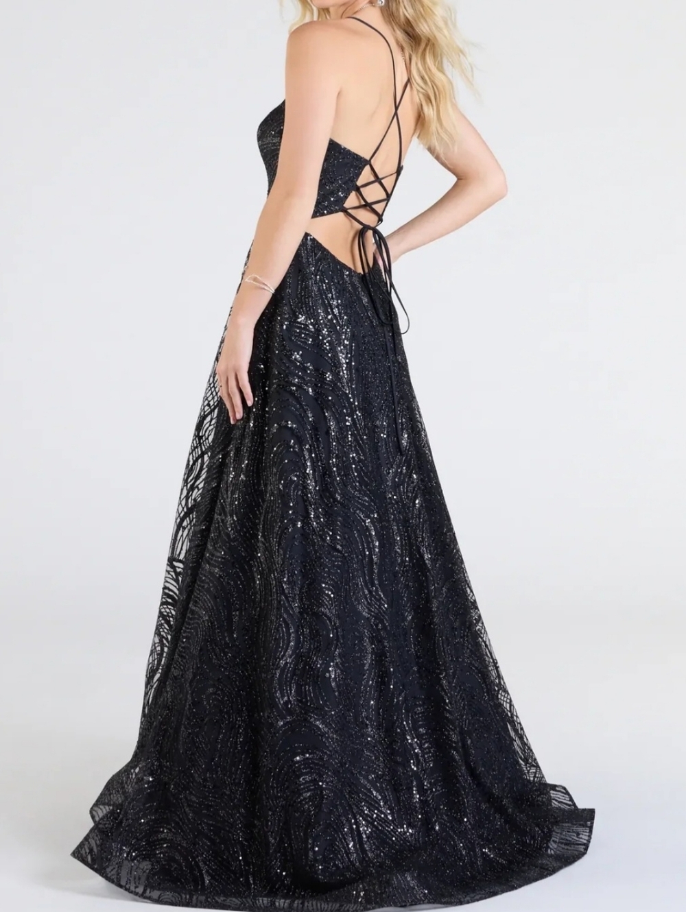 Black Sequined Spaghetti Strap Evening Gown With A Corset Back - Picture 2 of 3